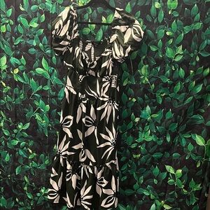 Trixxi Black and White Floral Midi Dress with Puff Sleeves